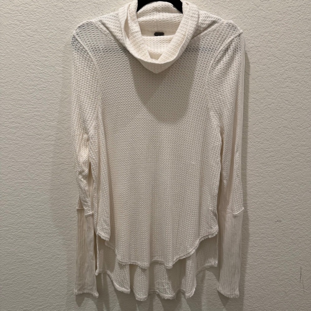 Free People We The Free Ivory Thermal Cowl Neck Waffle Knit Top Small